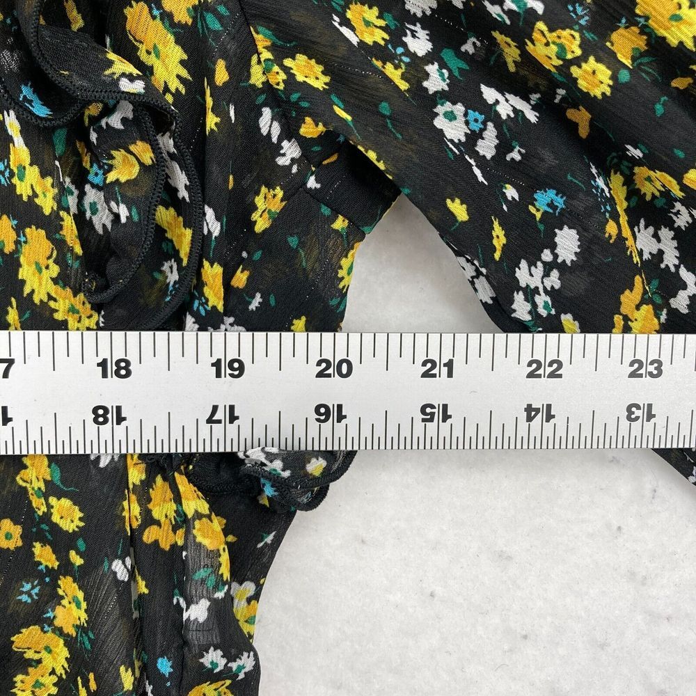 Express Women's Floral Wrap Blouse Large Black Yellow Bishop Sleeve Tie‎ Waist - Picture 9 of 13